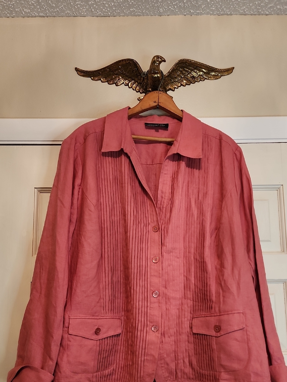 Jones NewYork Pinkish Orange Collared Shirt Blouse 100% Linen Pleats Pockets